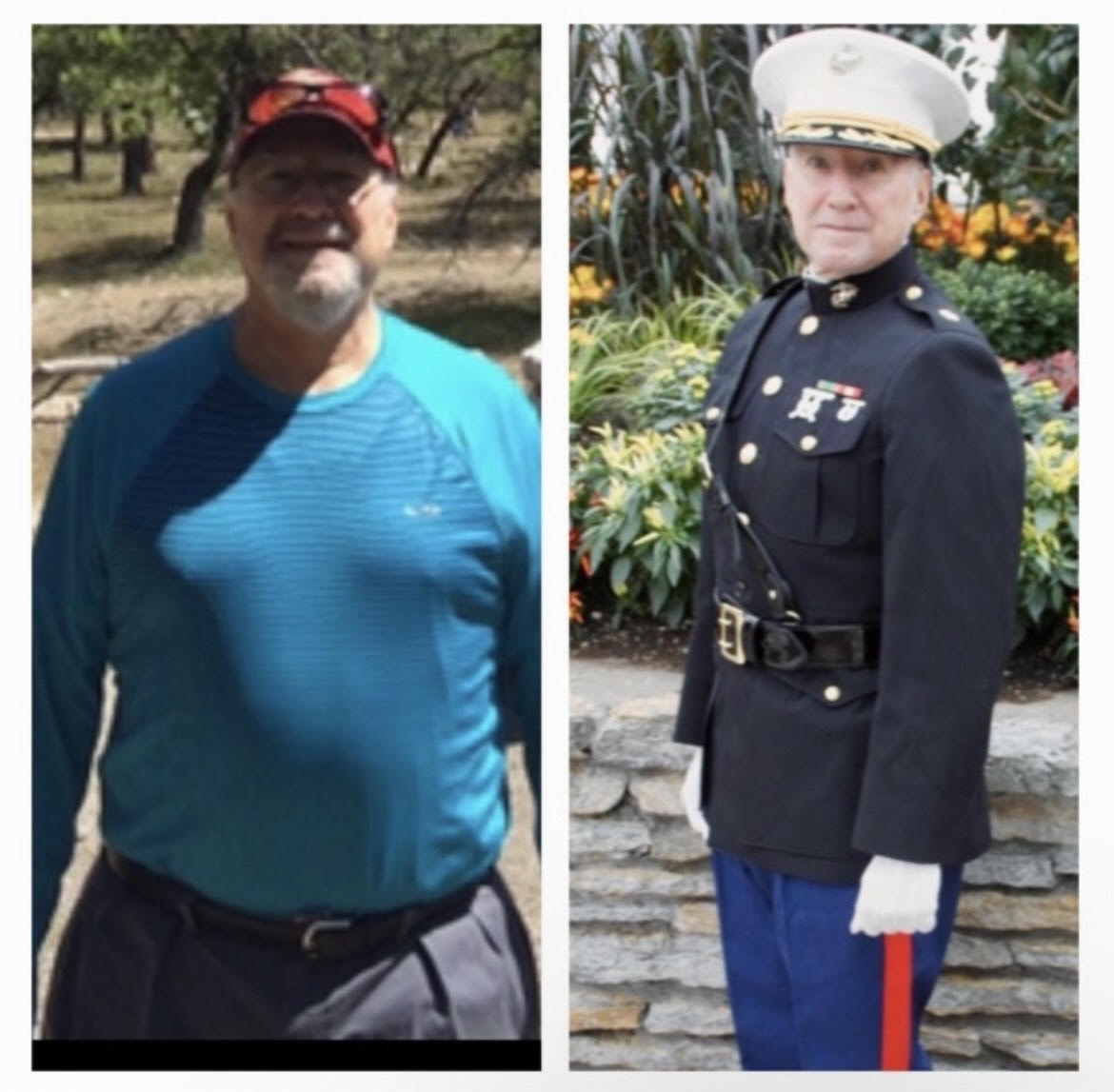 Benjamin Sley before and after — 110 lbs lost, now in Marine Corps Dress Blues